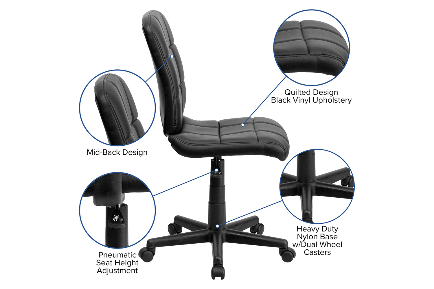 BLNK Clayton Vinyl Mid-Back Quilted Swivel Task Office Chair - Black