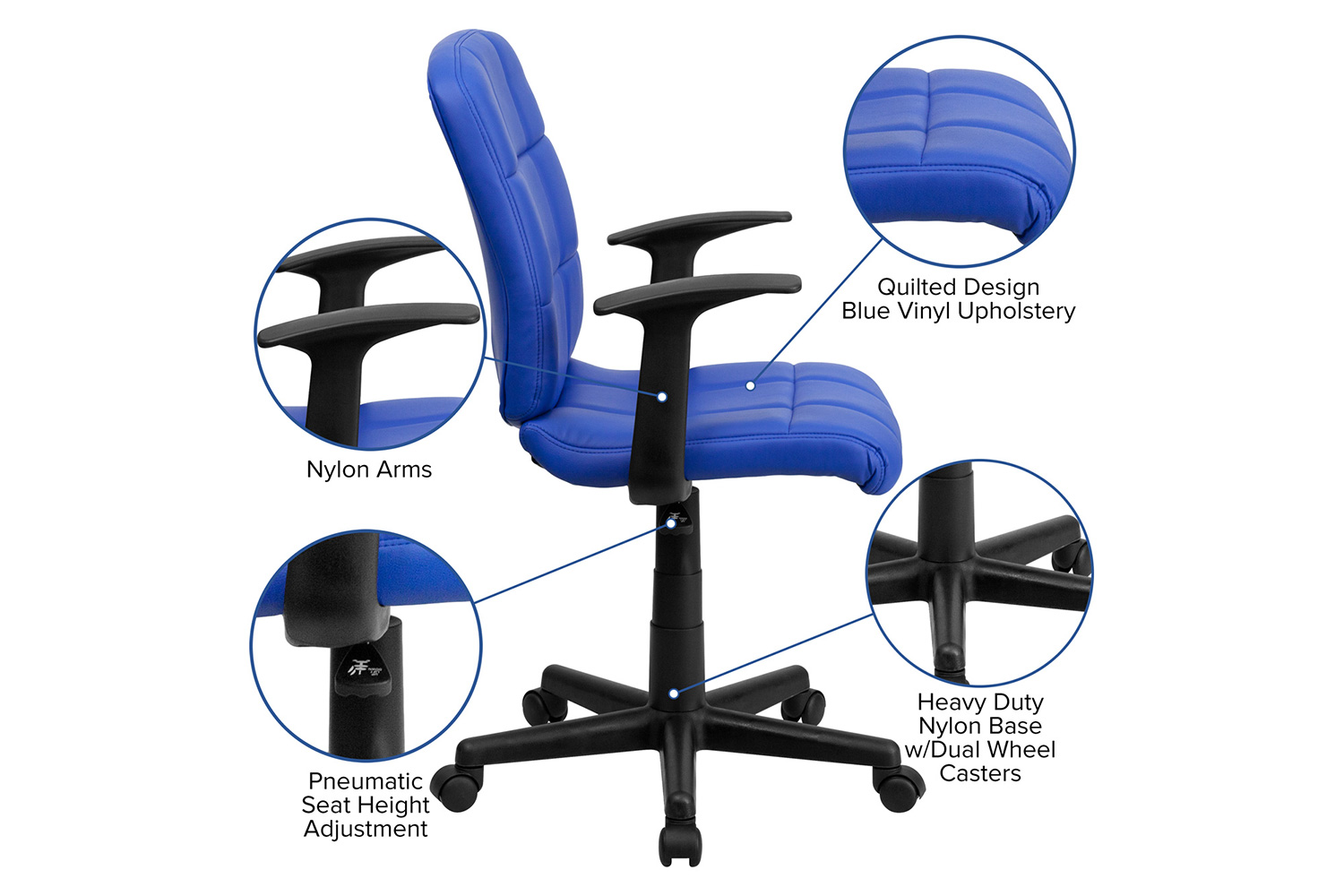 BLNK Clayton Vinyl Mid-Back Quilted Swivel Task Office Chair - Blue, with Arms