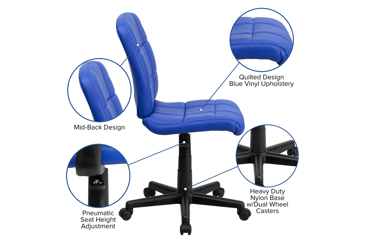 BLNK Clayton Vinyl Mid-Back Quilted Swivel Task Office Chair - Blue