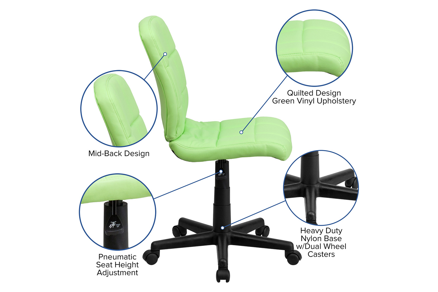 BLNK Clayton Vinyl Mid-Back Quilted Swivel Task Office Chair - Green