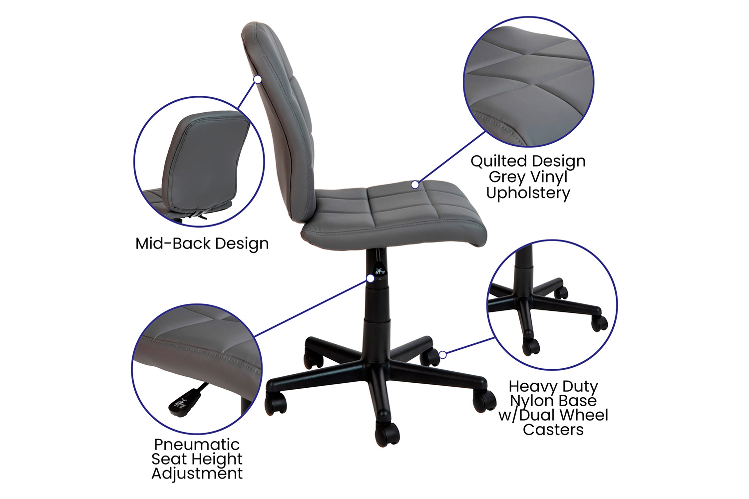 BLNK Clayton Vinyl Mid-Back Quilted Swivel Task Office Chair - Gray