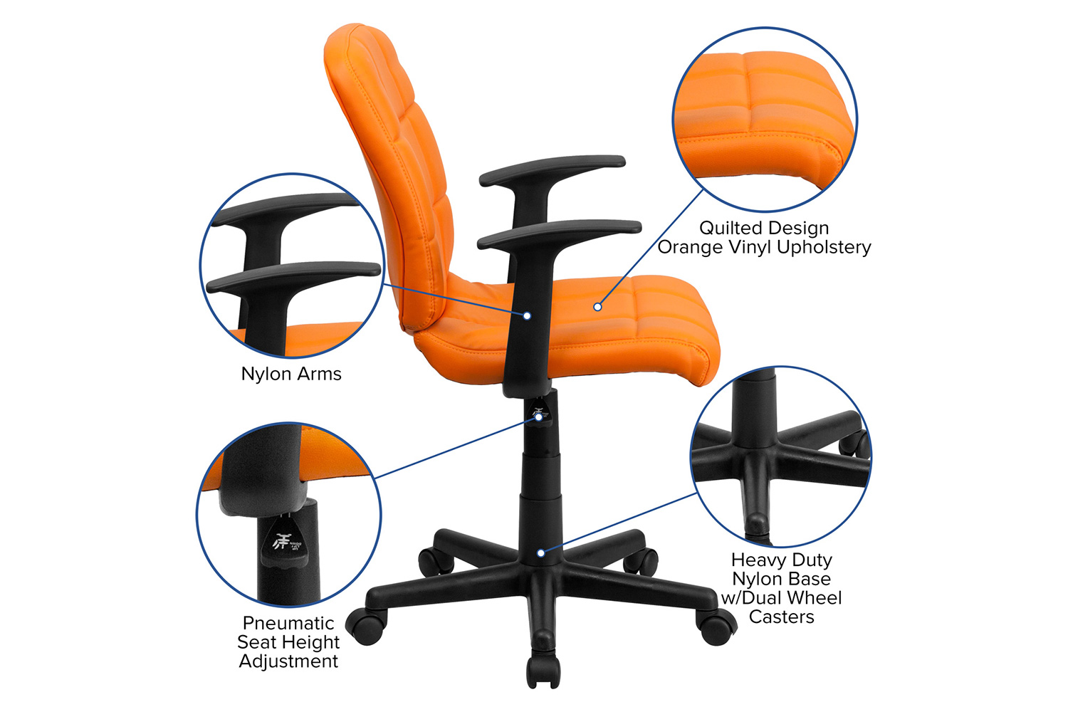 BLNK Clayton Vinyl Mid-Back Quilted Swivel Task Office Chair - Orange, with Arms