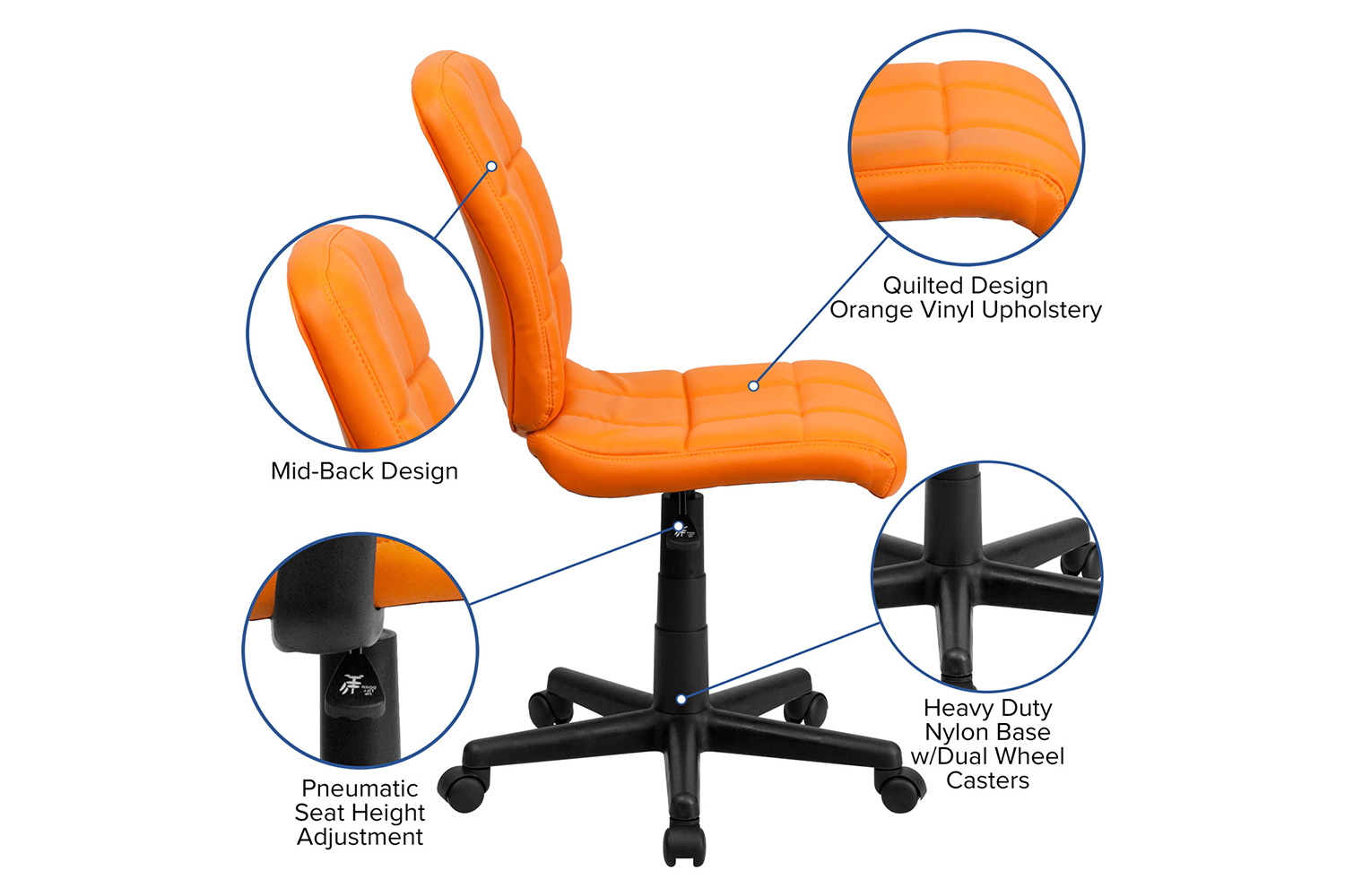 BLNK Clayton Vinyl Mid-Back Quilted Swivel Task Office Chair - Orange