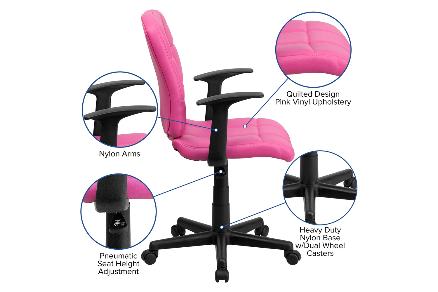 BLNK Clayton Vinyl Mid-Back Quilted Swivel Task Office Chair - Pink, with Arms