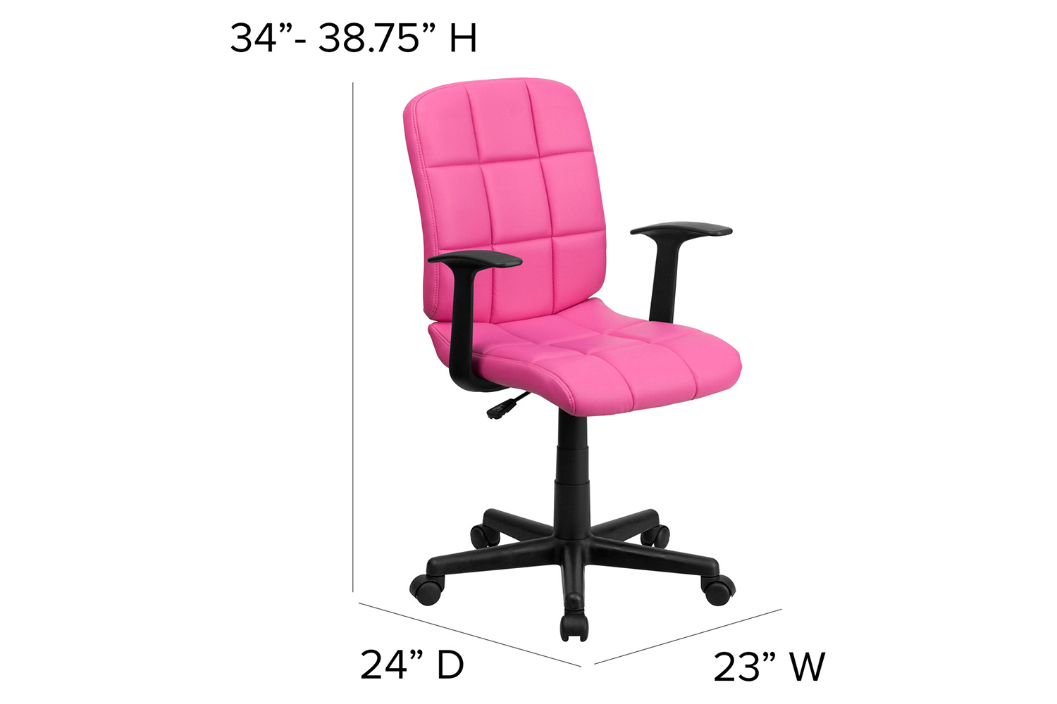 BLNK Clayton Vinyl Mid-Back Quilted Swivel Task Office Chair - Pink, with Arms