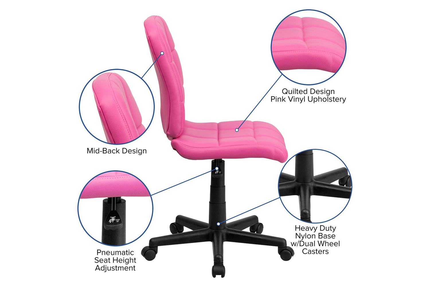 BLNK Clayton Vinyl Mid-Back Quilted Swivel Task Office Chair - Pink