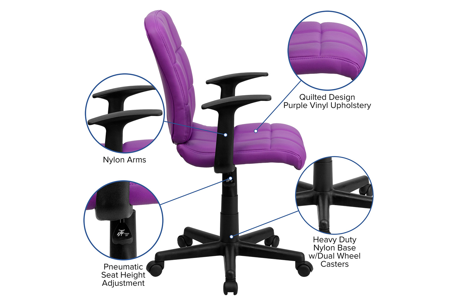 BLNK Clayton Vinyl Mid-Back Quilted Swivel Task Office Chair - Purple, with Arms