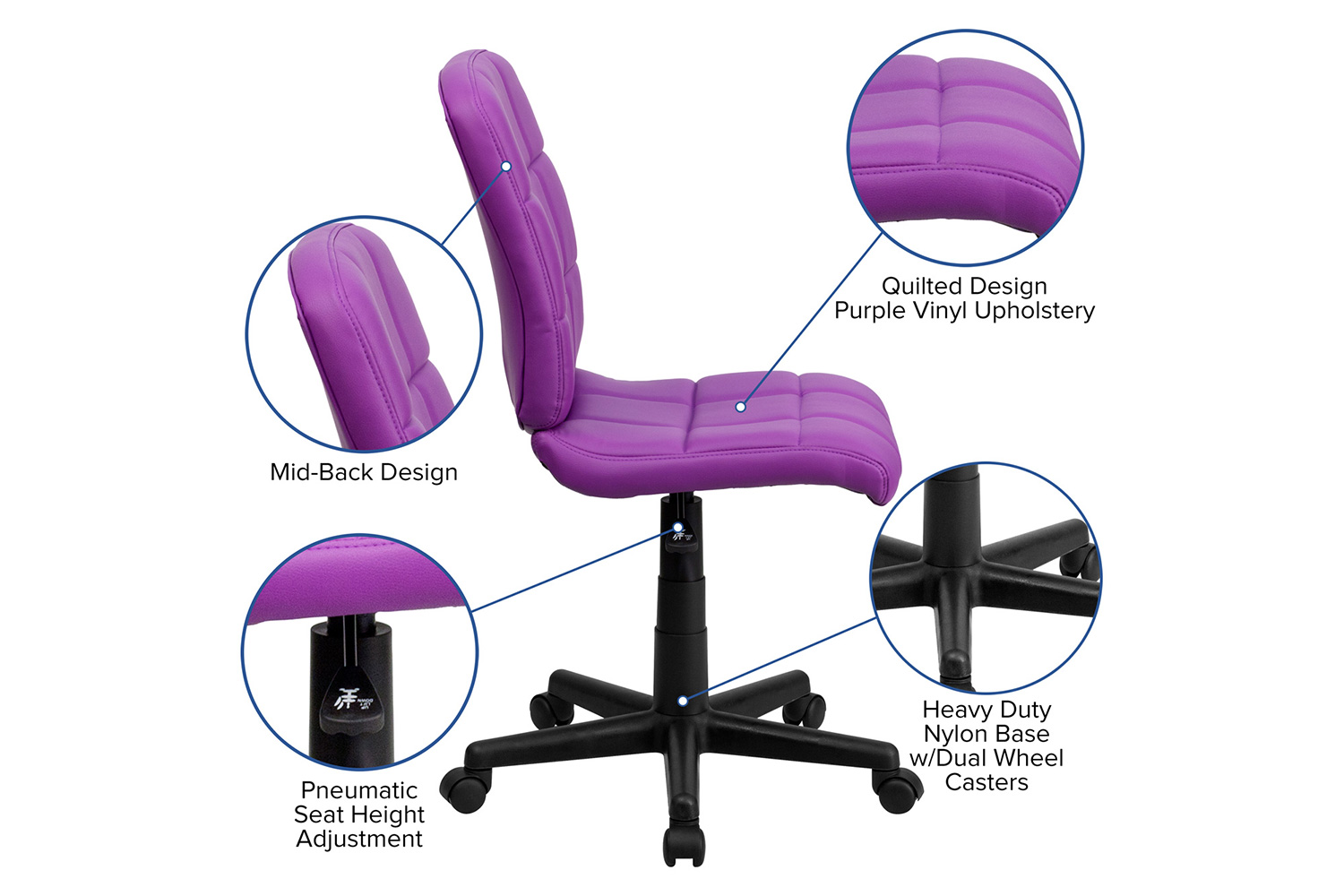 BLNK Clayton Vinyl Mid-Back Quilted Swivel Task Office Chair - Purple