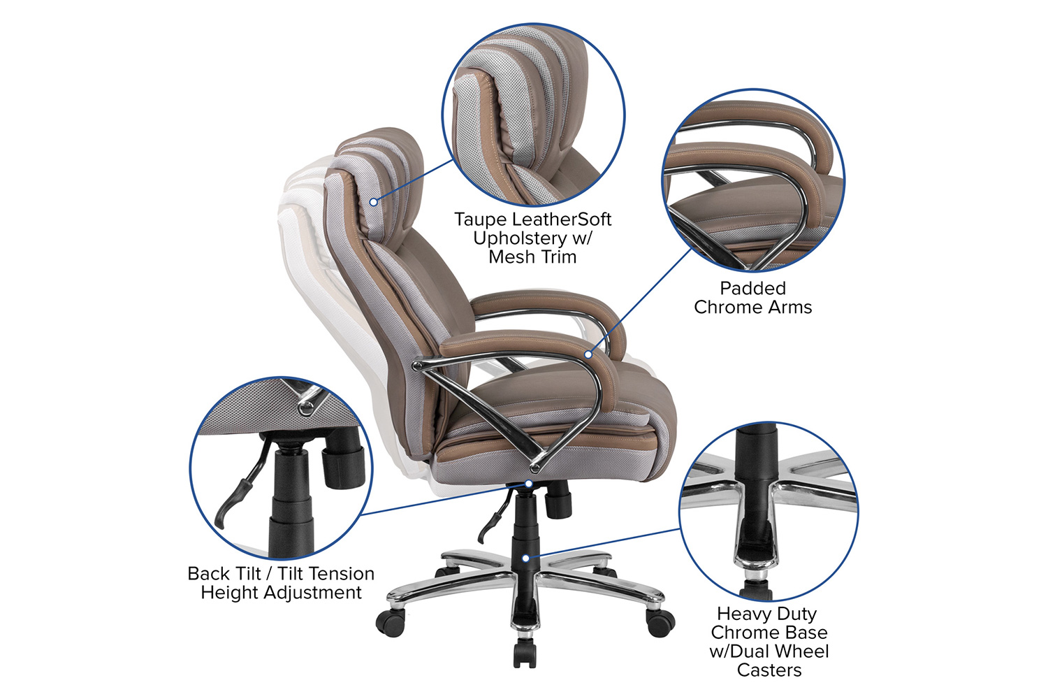 BLNK HERCULES Series LeatherSoft Executive Swivel Ergonomic Office Chair with Extra Wide Seat - Taupe