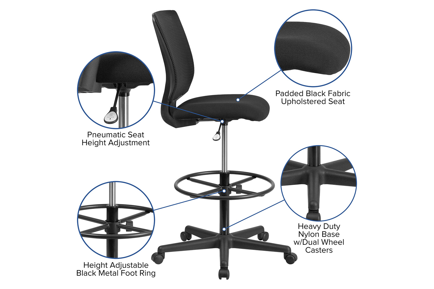 BLNK Harper Ergonomic Fabric Mid-Back Mesh Drafting Chair with Seat and Adjustable Foot Ring