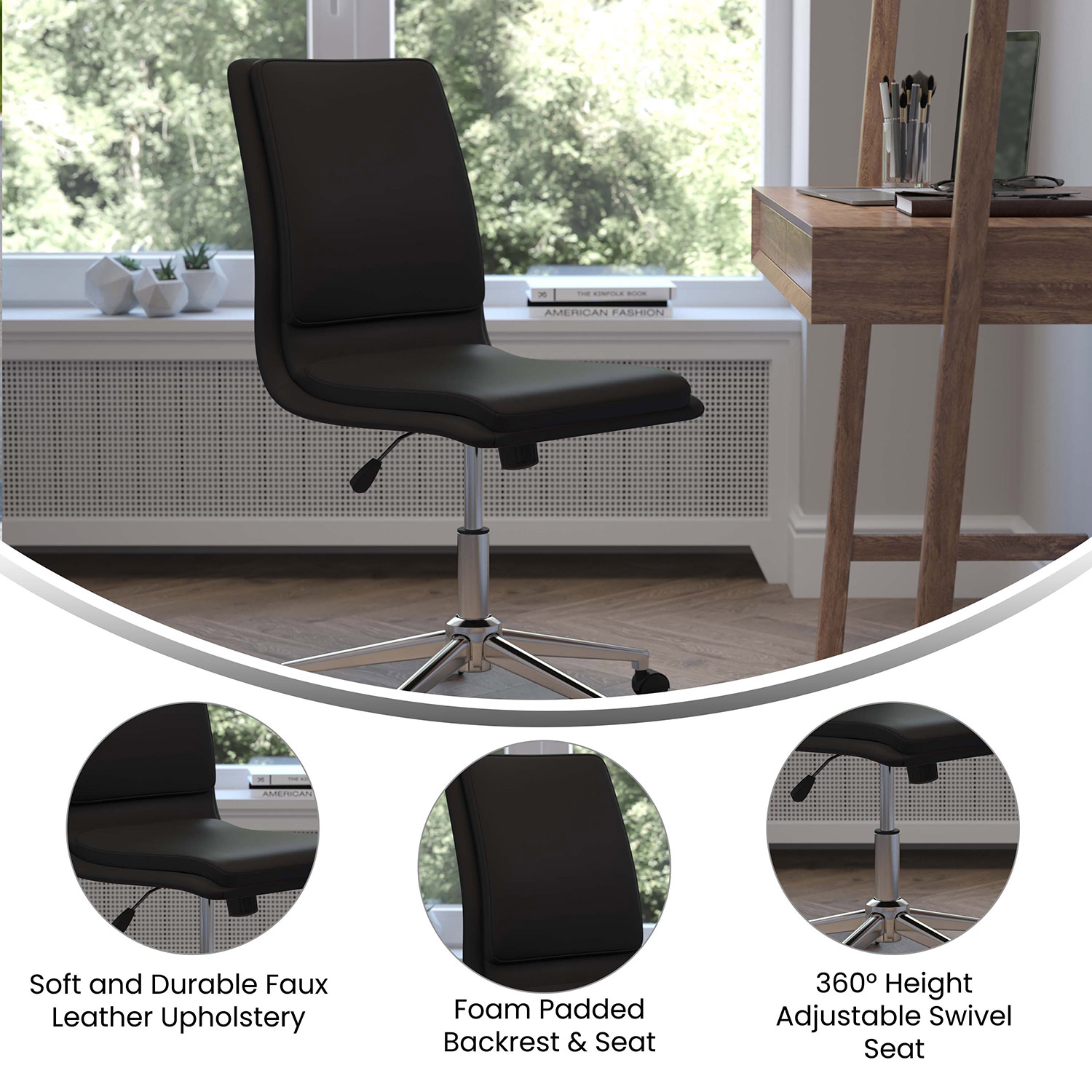 BLNK Madigan Mid-Back Armless Swivel Task Office Chair with and Adjustable Chrome Base - Black