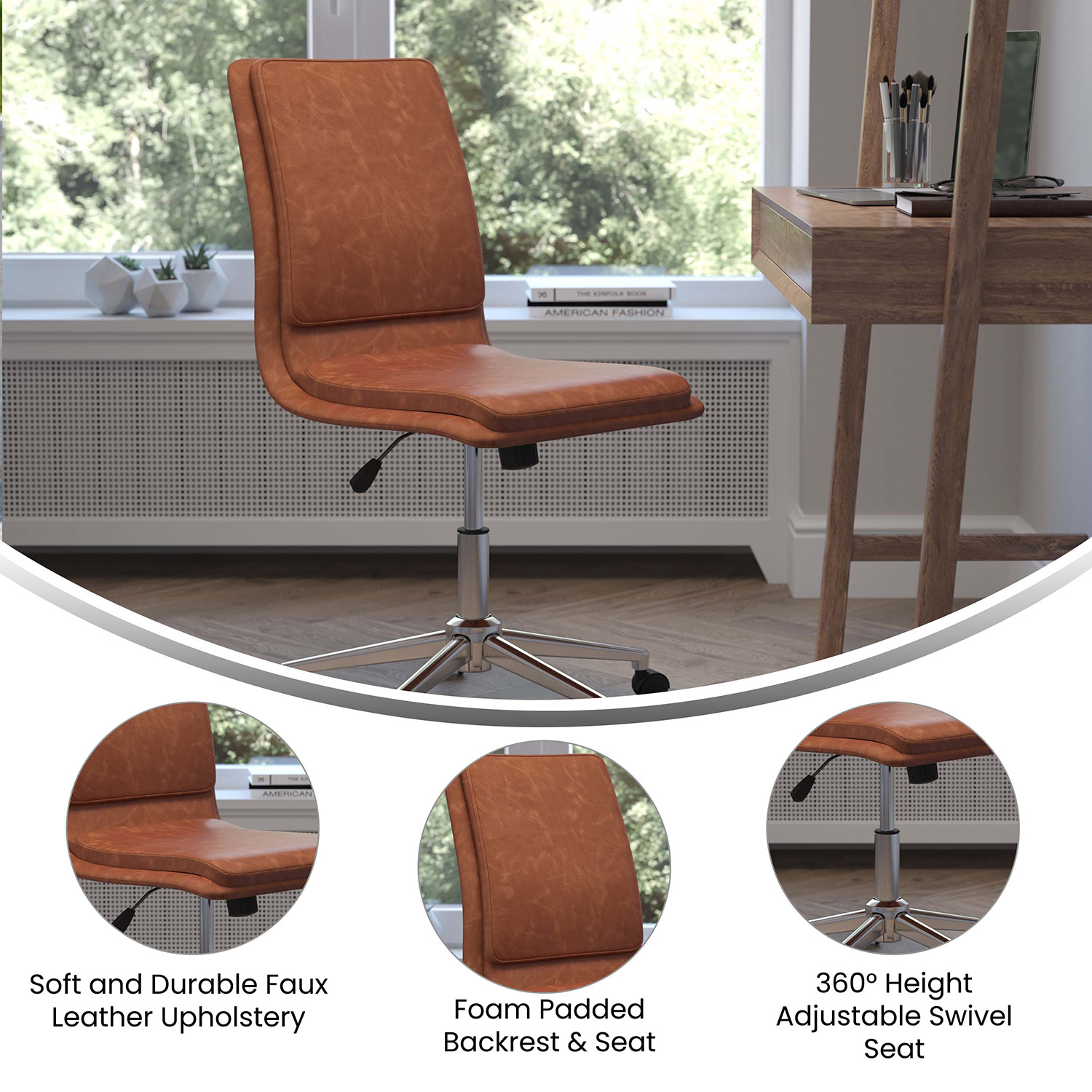 BLNK Madigan Mid-Back Armless Swivel Task Office Chair with and Adjustable Chrome Base - Cognac