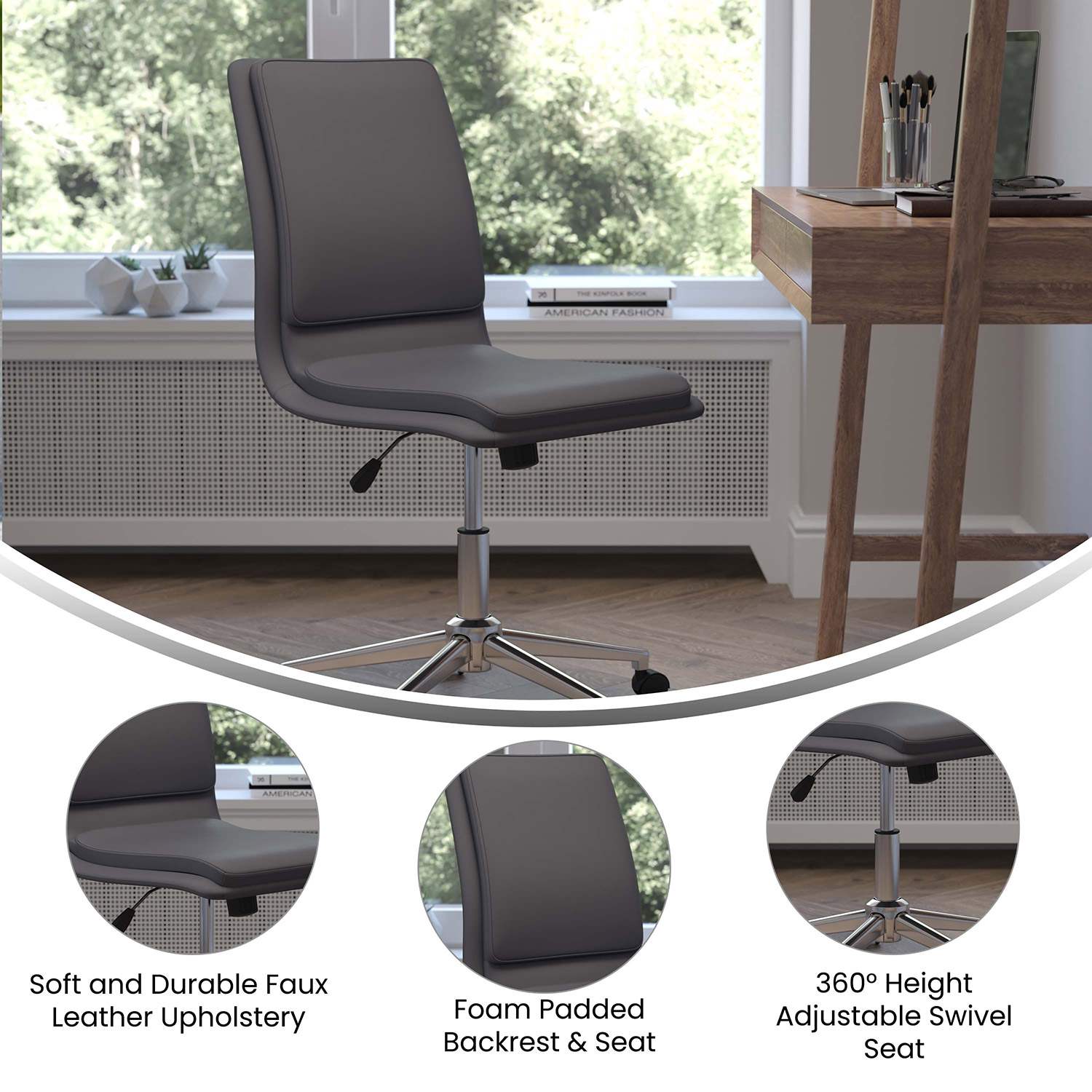 BLNK Madigan Mid-Back Armless Swivel Task Office Chair with and Adjustable Chrome Base - Gray