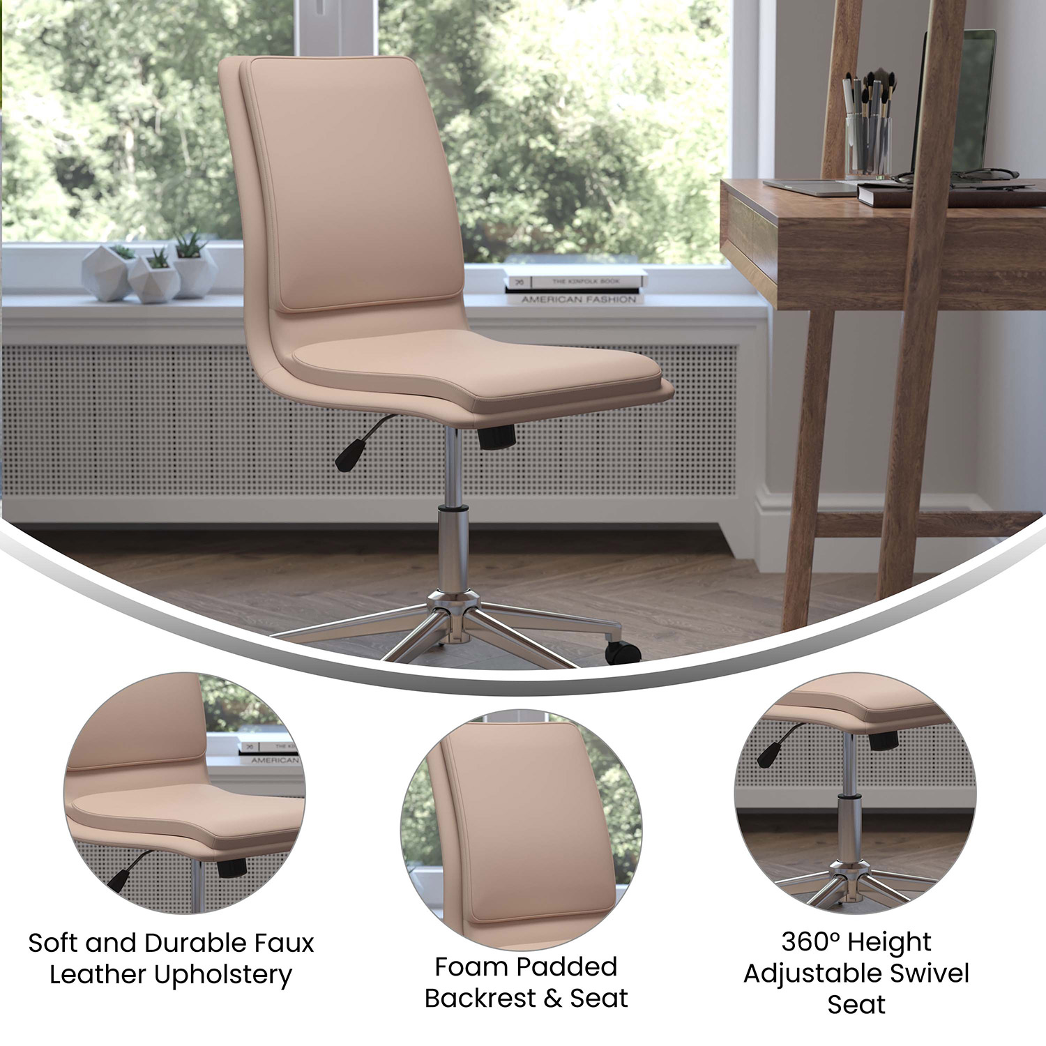 BLNK Madigan Mid-Back Armless Swivel Task Office Chair with and Adjustable Chrome Base - Taupe