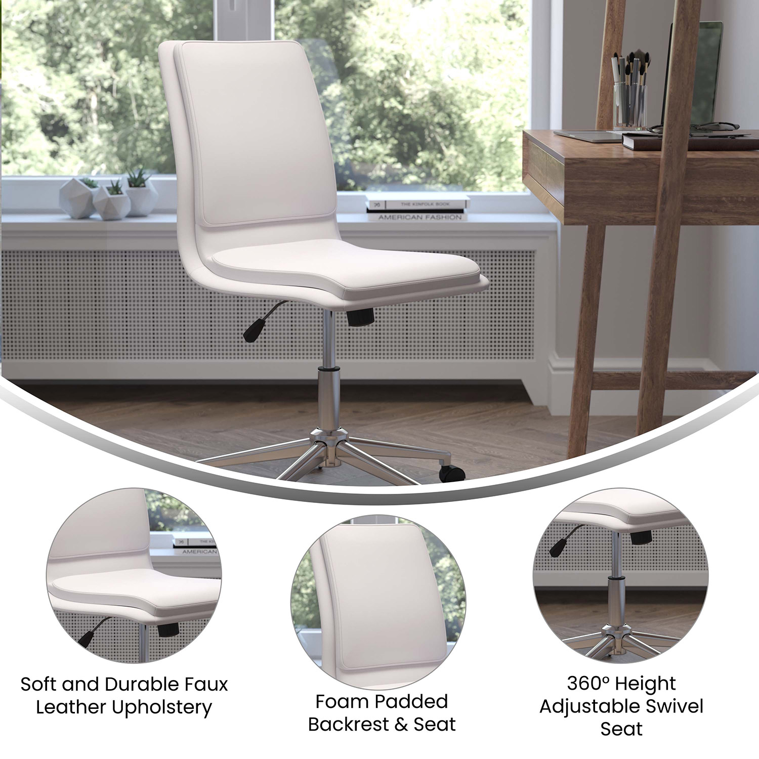 BLNK Madigan Mid-Back Armless Swivel Task Office Chair with and Adjustable Chrome Base - White