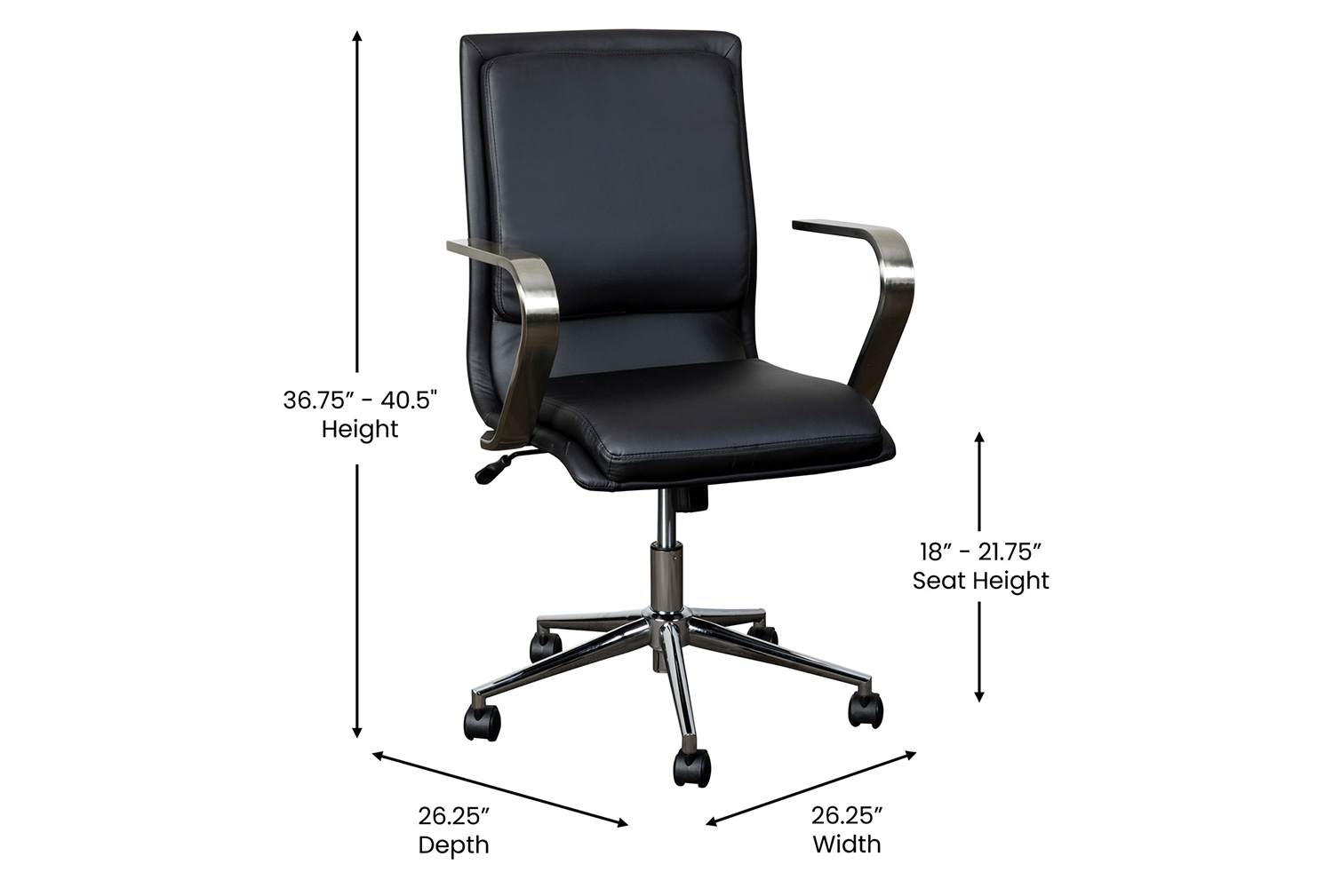 BLNK James Mid-Back Designer Executive Office Chair with Brushed Chrome Base and Arms - Black