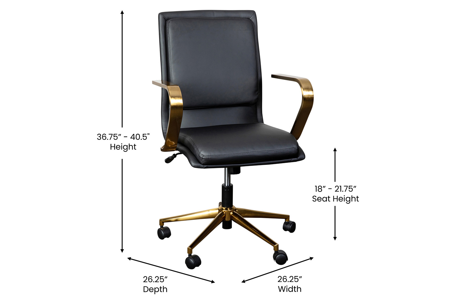 BLNK James Mid-Back Designer Executive Office Chair with Arms - Brushed Gold Frame