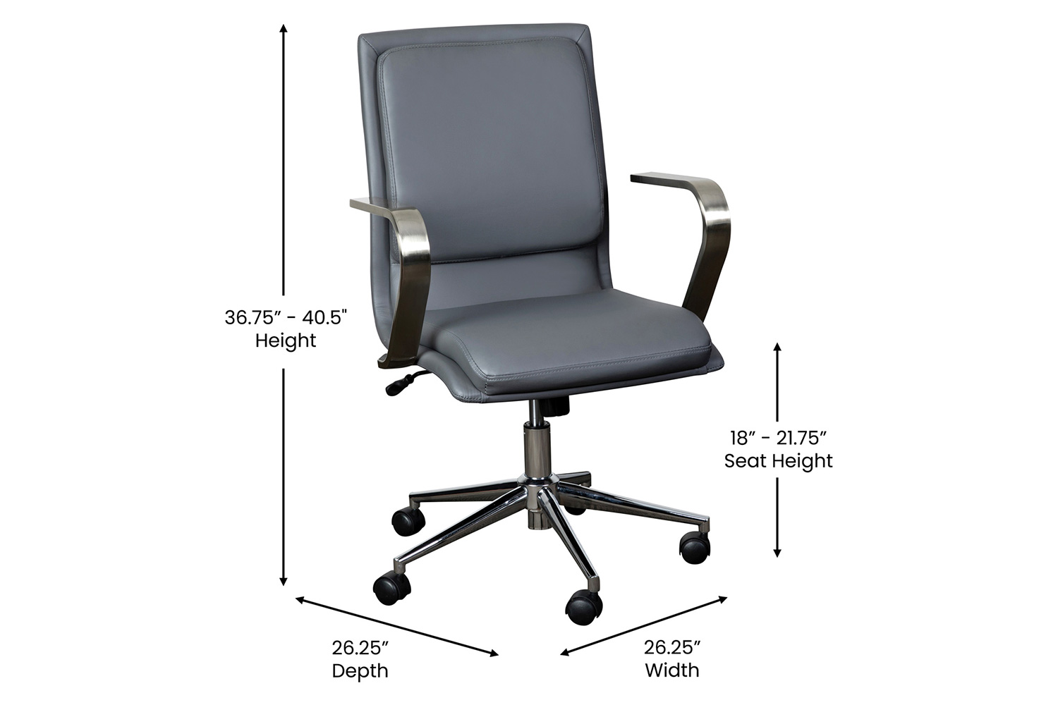 BLNK James Mid-Back Designer Executive Office Chair with Brushed Chrome Base and Arms - Gray