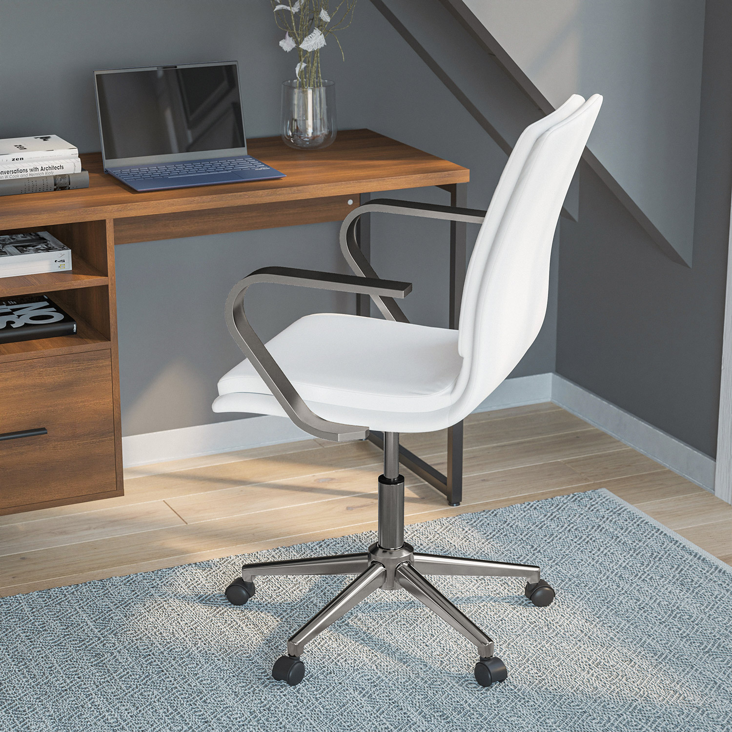 BLNK James Mid-Back Designer Executive Office Chair with Brushed Chrome Base and Arms - White