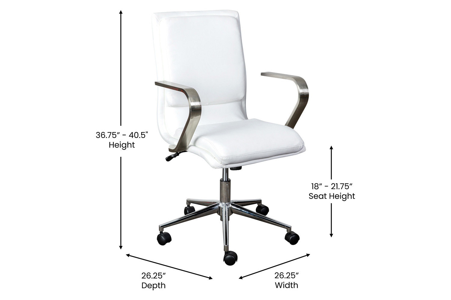 BLNK James Mid-Back Designer Executive Office Chair with Brushed Chrome Base and Arms - White