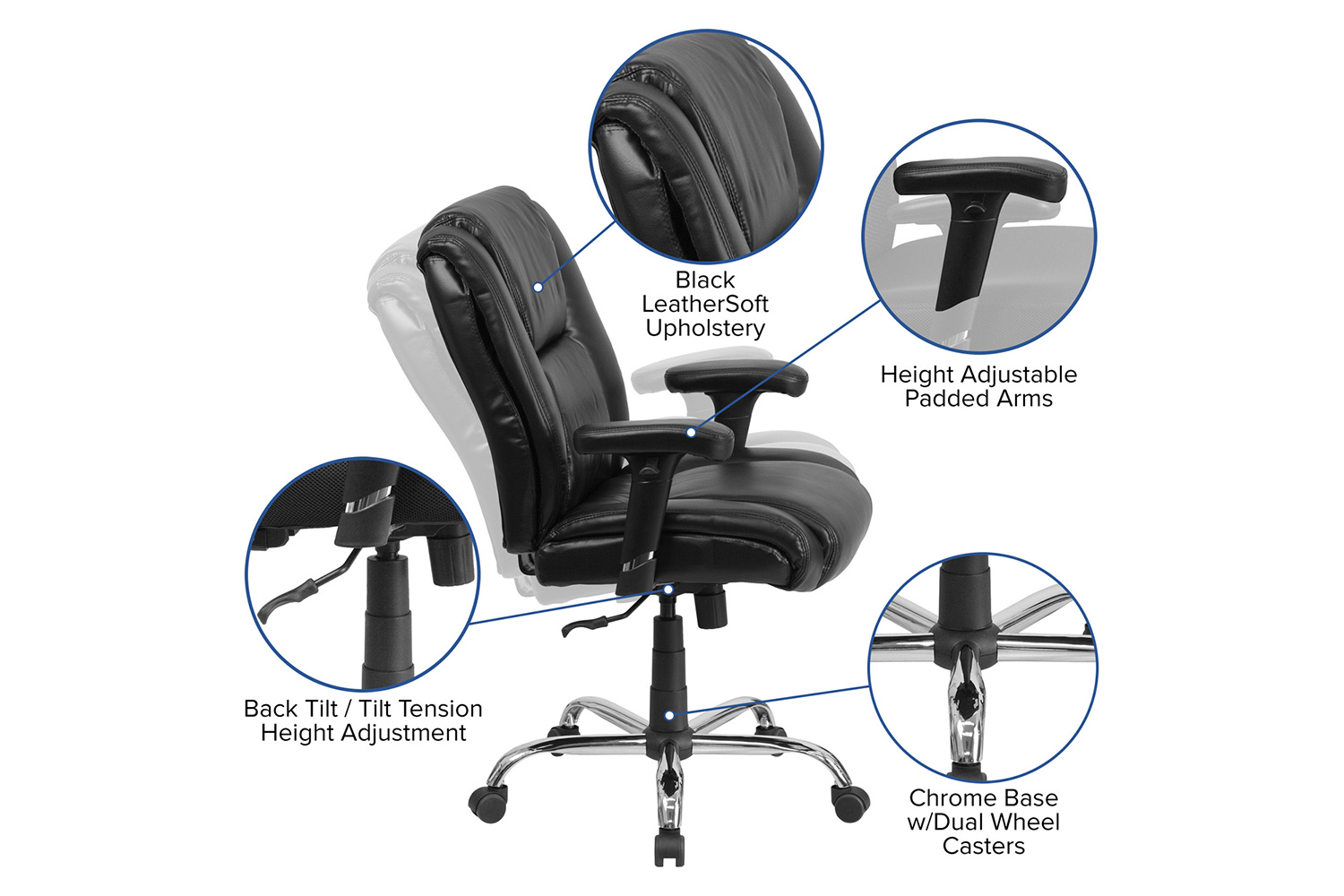 BLNK - HERCULES Series LeatherSoft Ergonomic Task Office Chair with Chrome Base and Adjustable Arms