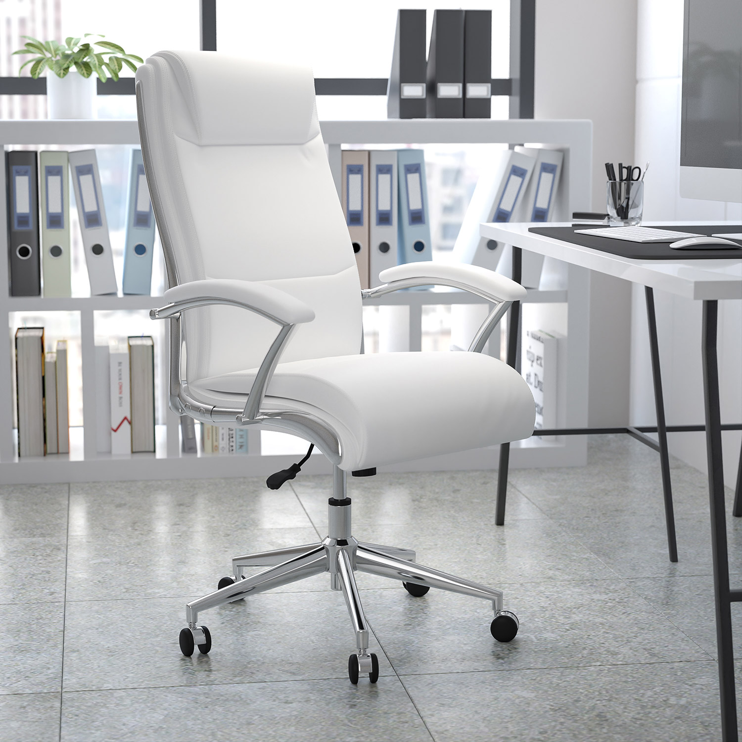 BLNK Rebecca LeatherSoft High-Back Designer Smooth Upholstered Executive Swivel Office Chair with Chrome Base and Arms