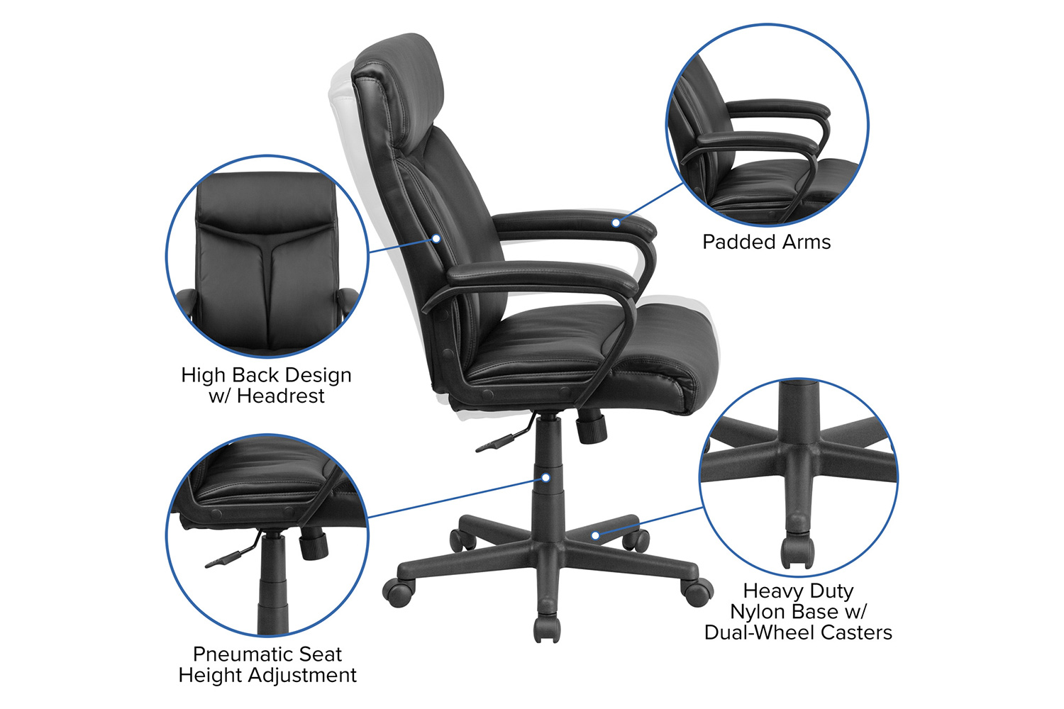 BLNK - Raya LeatherSoft High-Back Executive Swivel Office Chair with Slight Mesh Accent and Arms