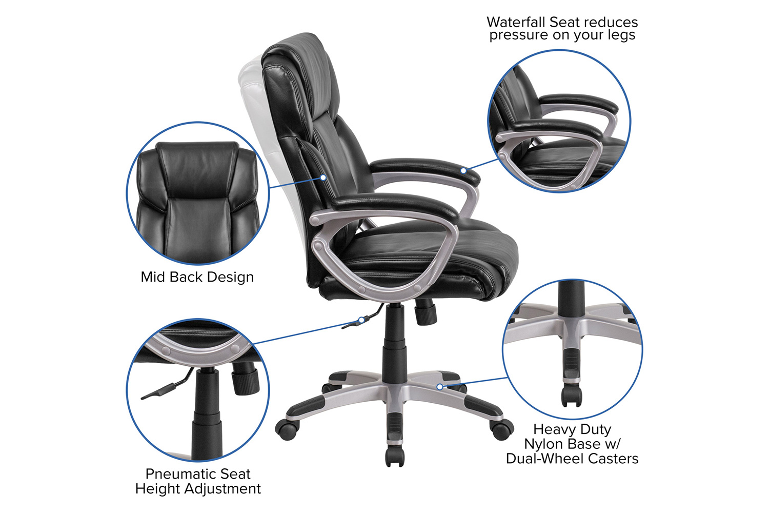 BLNK Carolyn LeatherSoft Mid-Back Executive Swivel Office Chair with Padded Arms - Black