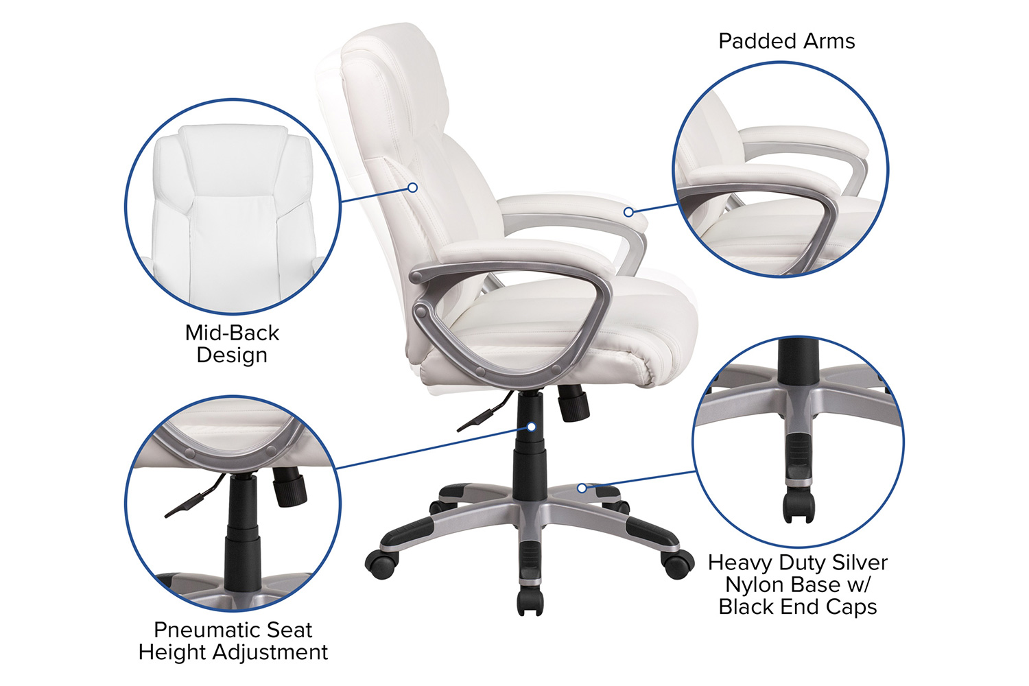 BLNK Carolyn LeatherSoft Mid-Back Executive Swivel Office Chair with Padded Arms - White