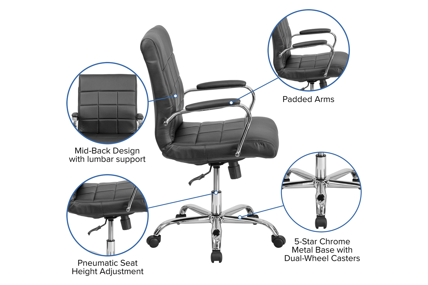 BLNK Vivian Vinyl Mid-Back Executive Swivel Office Chair with Chrome Base and Arms - Black