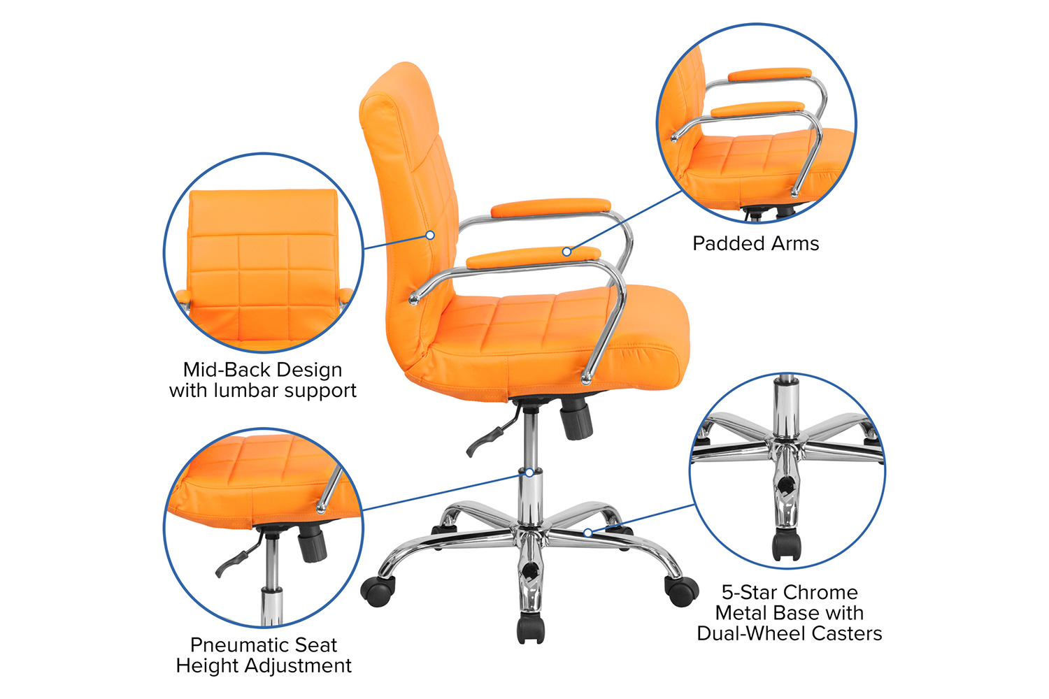 BLNK Vivian Vinyl Mid-Back Executive Swivel Office Chair with Chrome Base and Arms - Orange