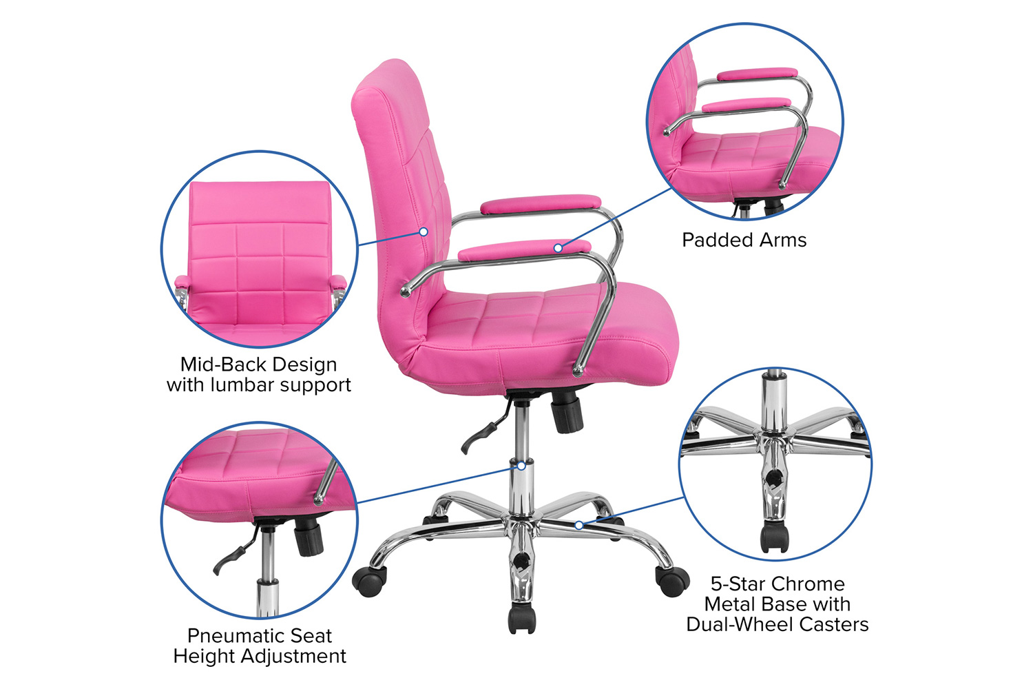 BLNK Vivian Vinyl Mid-Back Executive Swivel Office Chair with Chrome Base and Arms - Pink