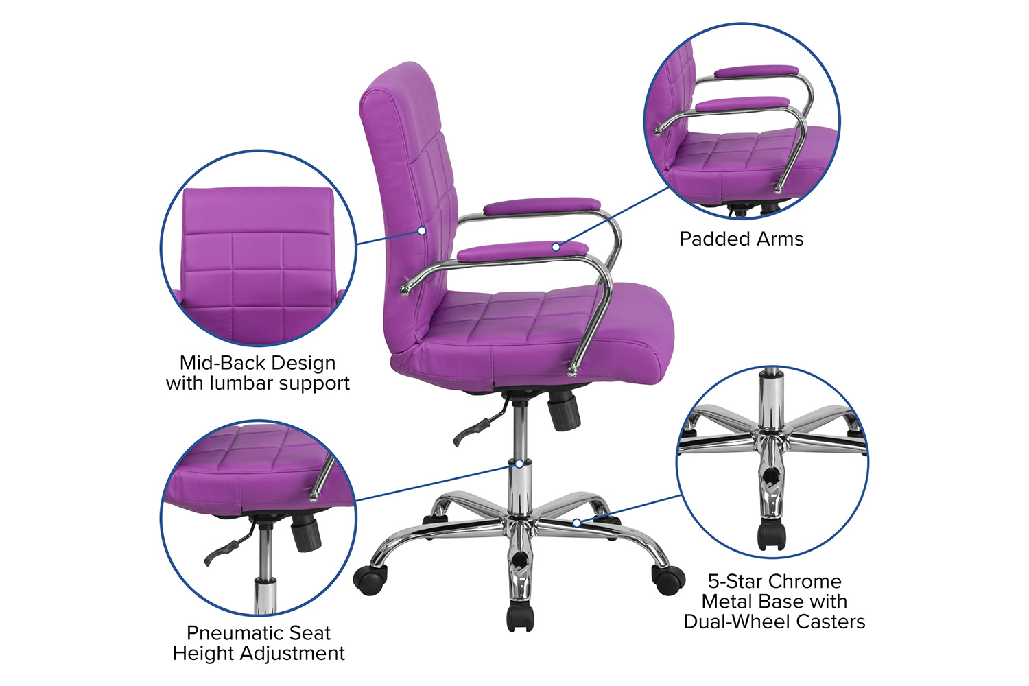 BLNK Vivian Vinyl Mid-Back Executive Swivel Office Chair with Chrome Base and Arms - Purple