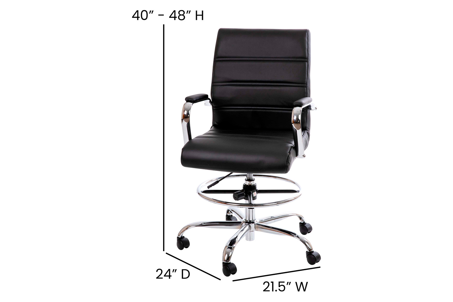 BLNK Whitney LeatherSoft Mid-Back Drafting Chair with Adjustable Foot Ring and Chrome Base - Black