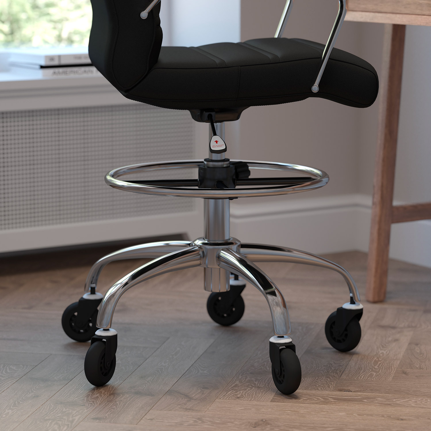 BLNK Lexi LeatherSoft Mid-Back Drafting Chair with Adjustable Foot Ring, Chrome Base, and Transparent Roller Wheels - Black