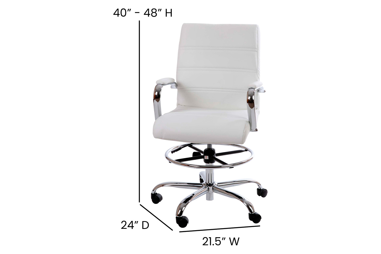 BLNK Whitney LeatherSoft Mid-Back Drafting Chair with Adjustable Foot Ring and Chrome Base - White