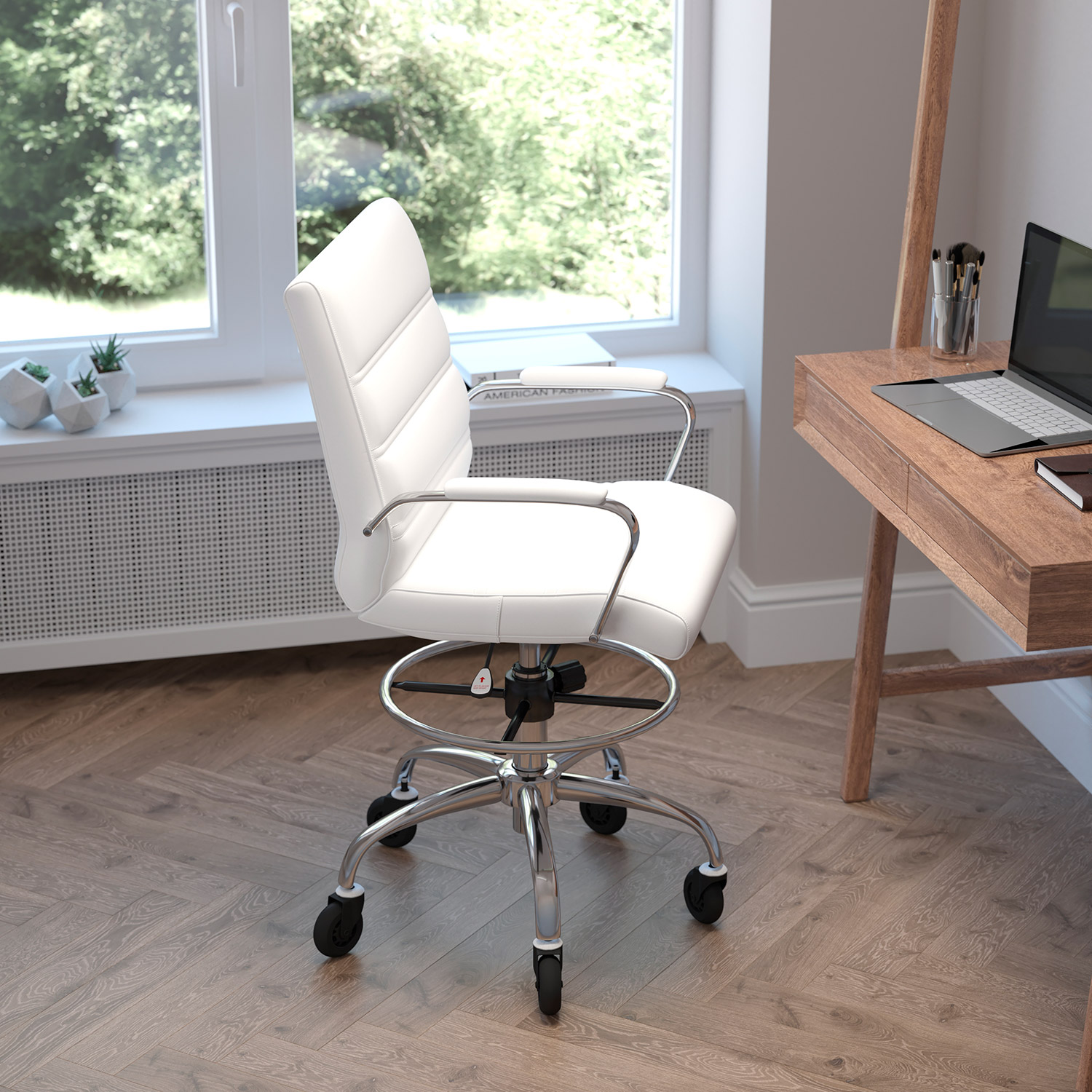 BLNK Lexi LeatherSoft Mid-Back Drafting Chair with Adjustable Foot Ring, Chrome Base, and Transparent Roller Wheels