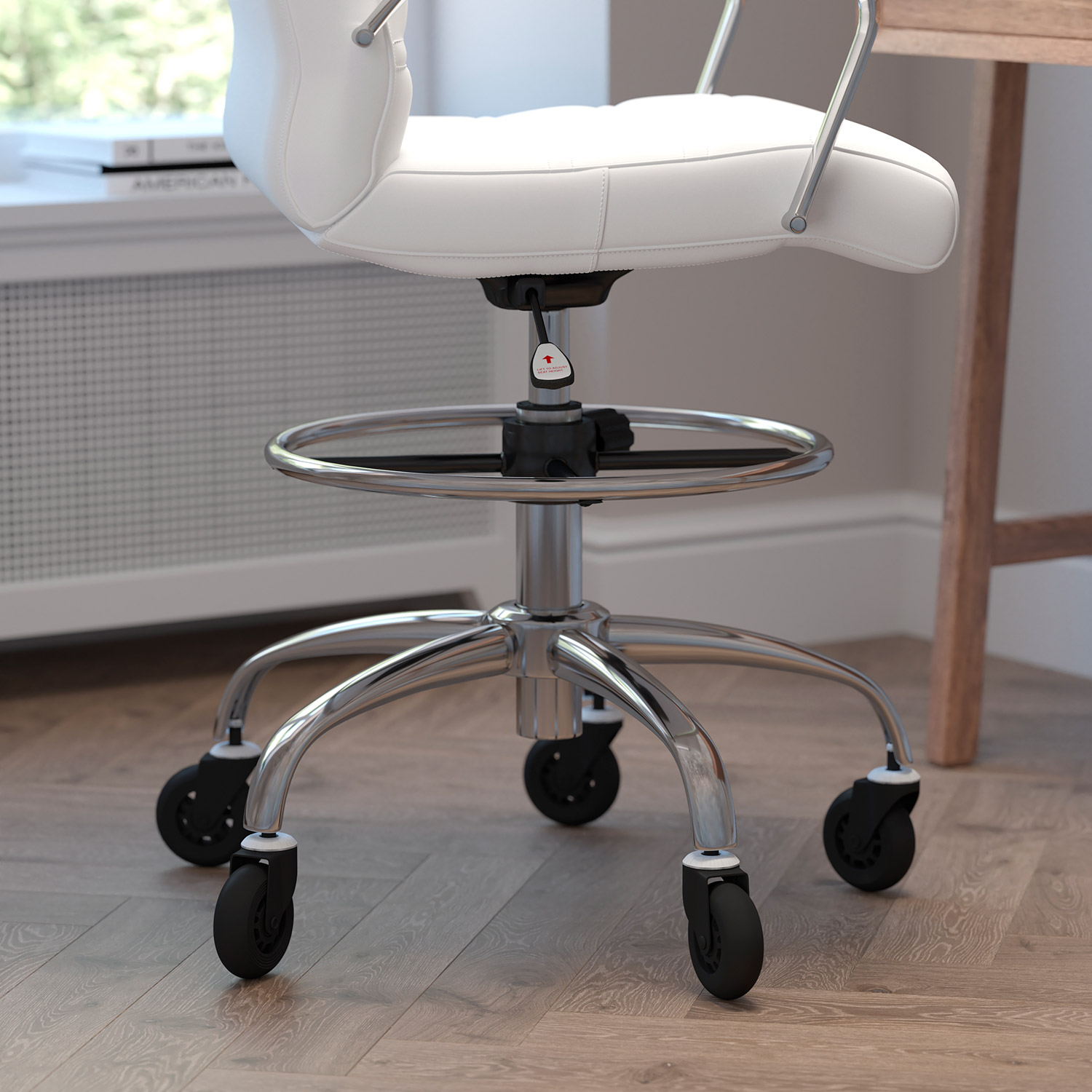 BLNK Lexi LeatherSoft Mid-Back Drafting Chair with Adjustable Foot Ring, Chrome Base, and Transparent Roller Wheels - White