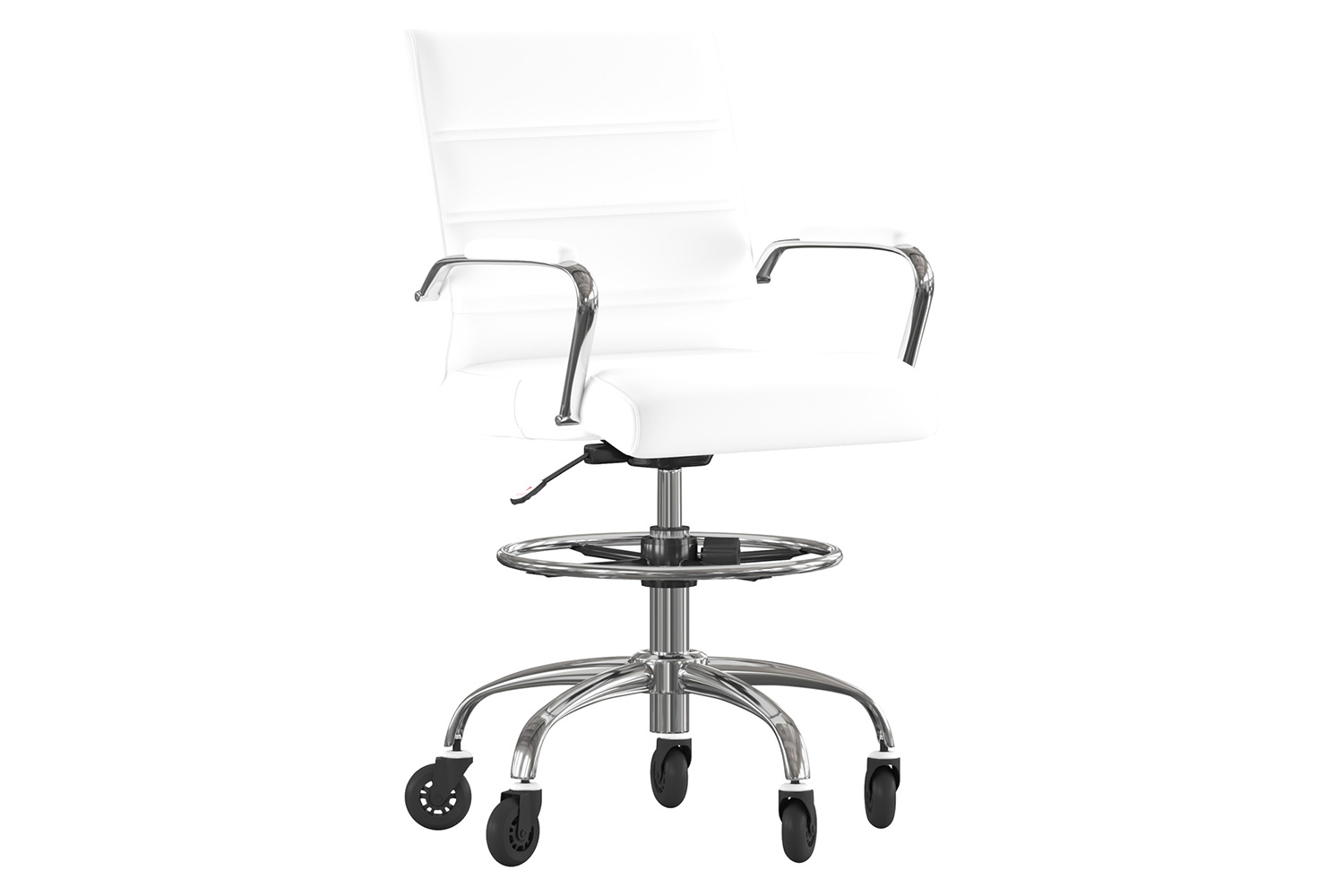 BLNK Lexi LeatherSoft Mid-Back Drafting Chair with Adjustable Foot Ring, Chrome Base, and Transparent Roller Wheels - White