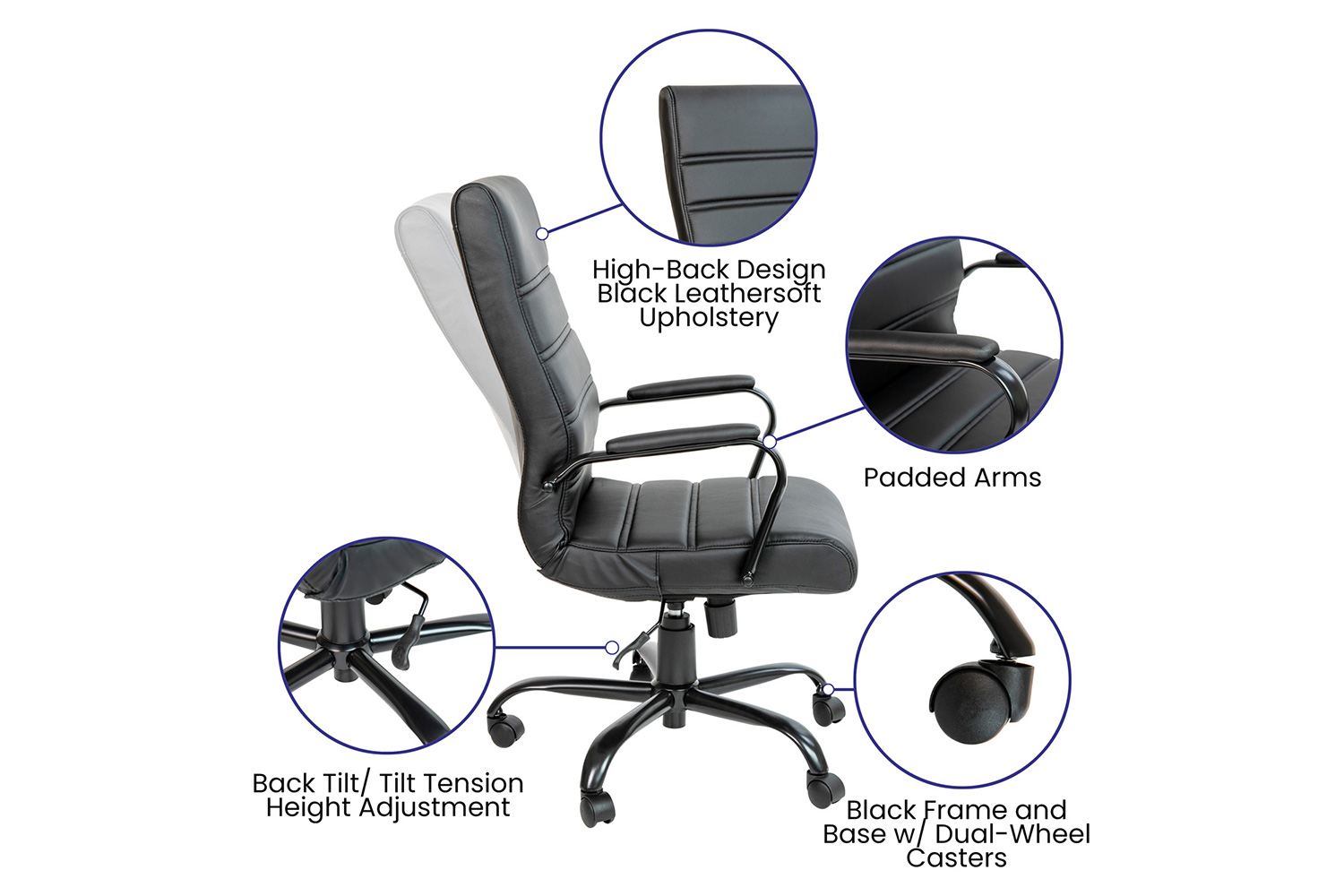 BLNK Whitney LeatherSoft High-Back Executive Swivel Office Chair with Black Frame and Arms - Black