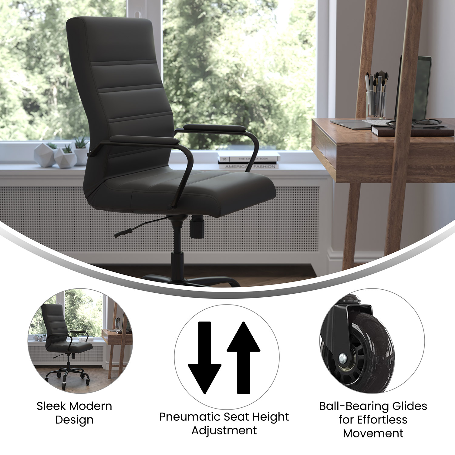 BLNK Whitney LeatherSoft High-Back Executive Swivel Office Chair with Black Frame, Arms, and Transparent Roller Wheels - Black