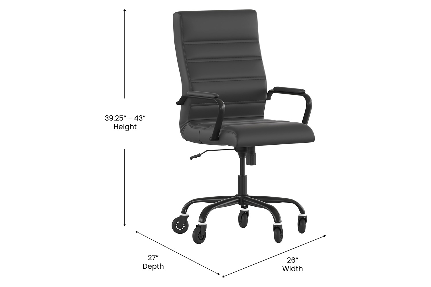 BLNK Whitney LeatherSoft High-Back Executive Swivel Office Chair with Black Frame, Arms, and Transparent Roller Wheels - Black