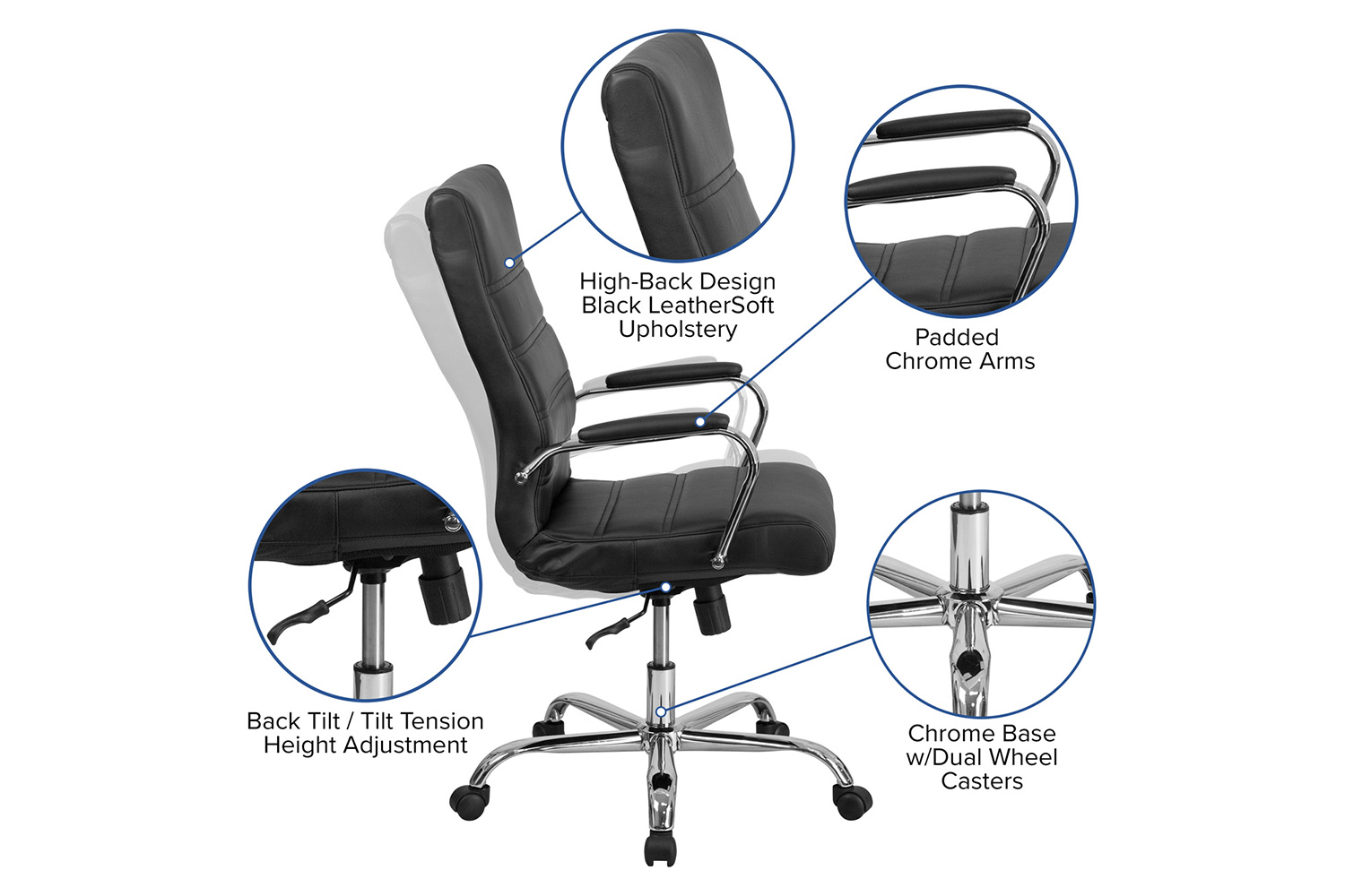 BLNK Whitney LeatherSoft High-Back Executive Swivel Office Chair with Chrome Frame and Arms - Black