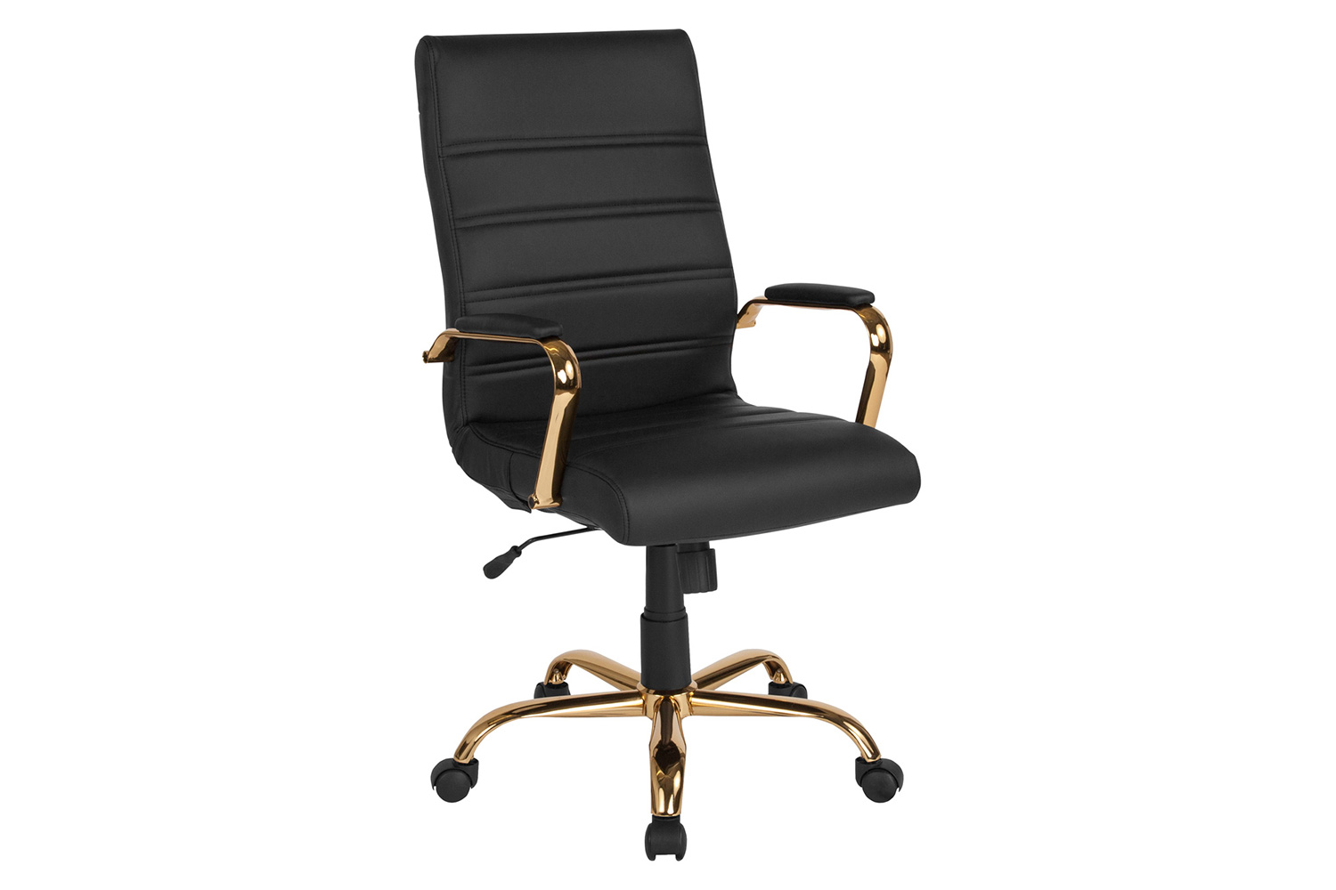 BLNK Whitney LeatherSoft High-Back Executive Swivel Office Chair with Gold Frame and Arms - Black