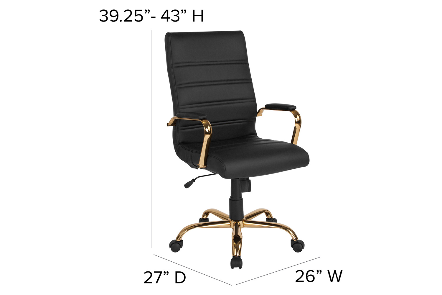 BLNK Whitney LeatherSoft High-Back Executive Swivel Office Chair with Gold Frame and Arms - Black