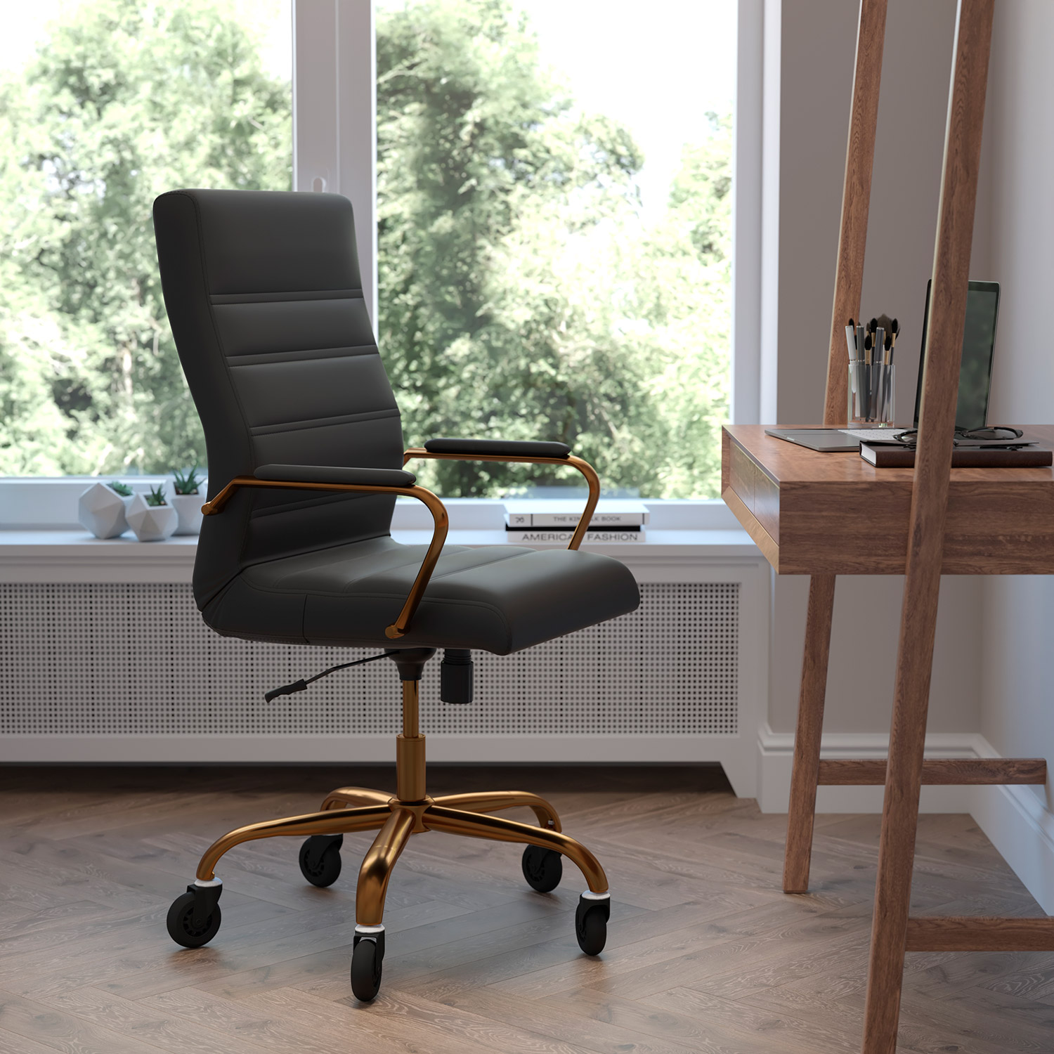 BLNK Whitney LeatherSoft High-Back Executive Swivel Office Chair with Gold Frame, Arms, and Transparent Roller Wheels