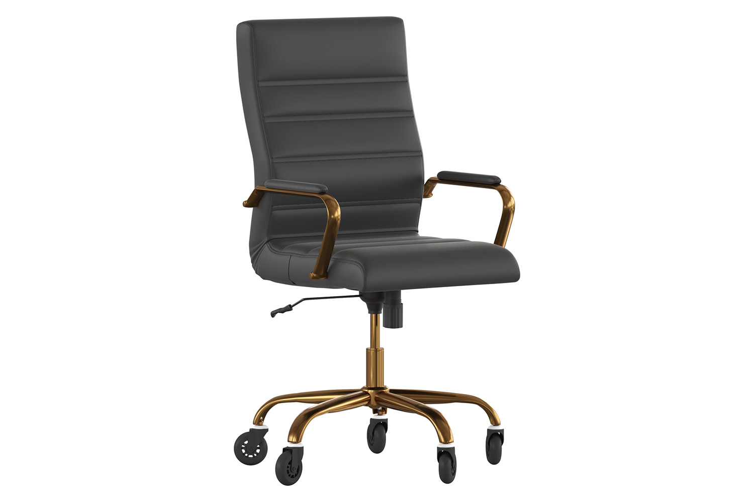 BLNK Whitney LeatherSoft High-Back Executive Swivel Office Chair with Gold Frame, Arms, and Transparent Roller Wheels - Black