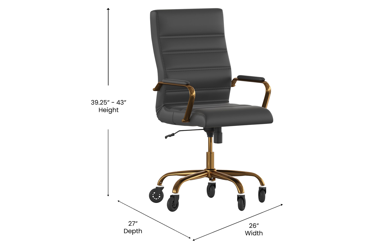 BLNK Whitney LeatherSoft High-Back Executive Swivel Office Chair with Gold Frame, Arms, and Transparent Roller Wheels - Black