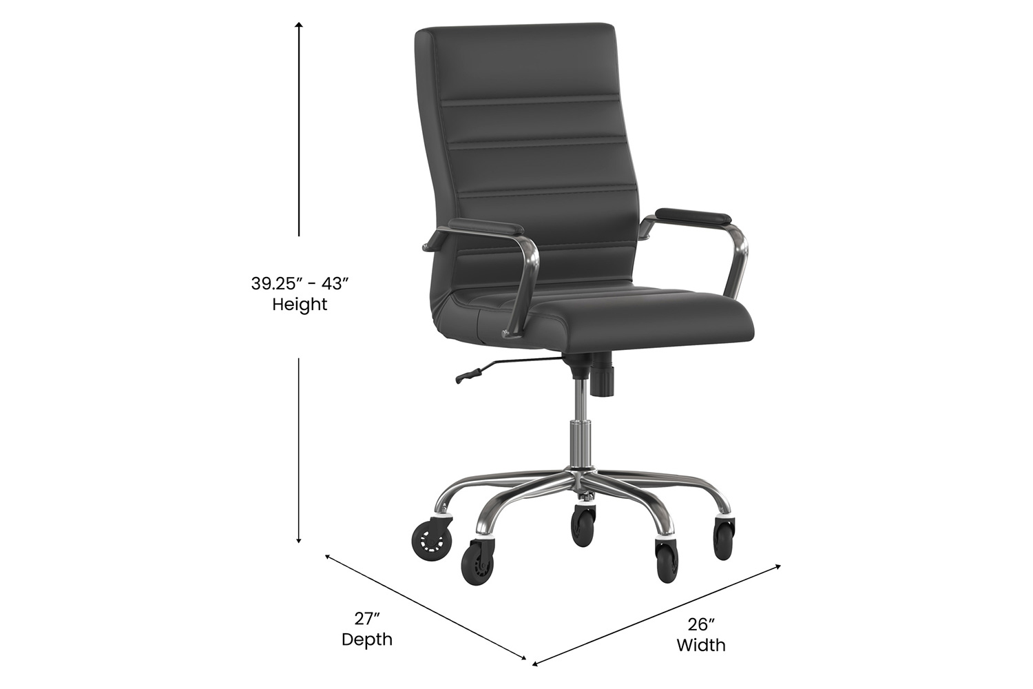 BLNK Whitney LeatherSoft High-Back Executive Swivel Office Chair with Chrome Frame, Arms, and Transparent Roller Wheels - Black