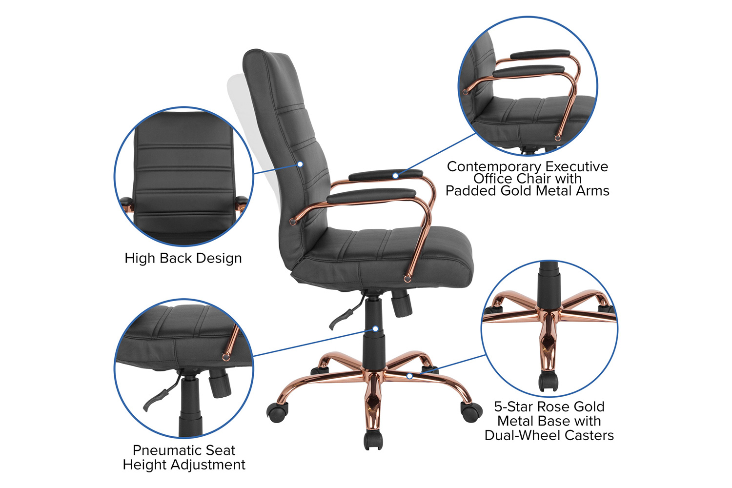 BLNK Whitney LeatherSoft High-Back Executive Swivel Office Chair with Rose Gold Frame and Arms - Black